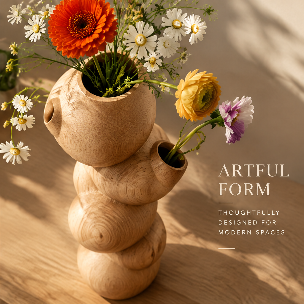 Angled view of the wood vase's top and side openings with a colorful floral arrangement