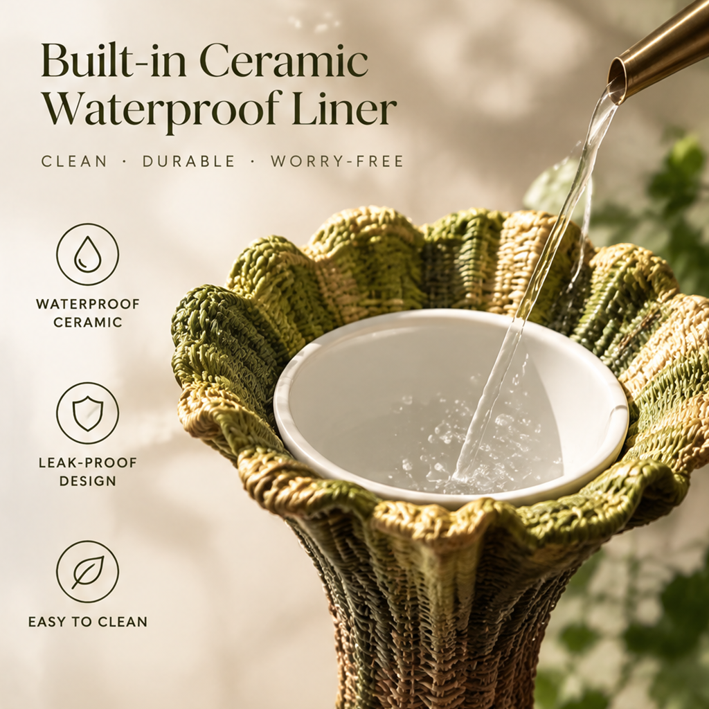 Water poured into the white ceramic liner inside the vase's flared opening
