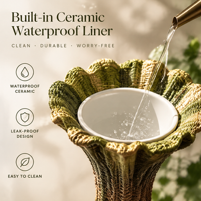Water poured into the white ceramic liner inside the vase's flared opening