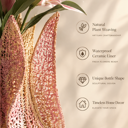 Close-up of pink openwork weaving with natural plant weaving and ceramic liner feature text