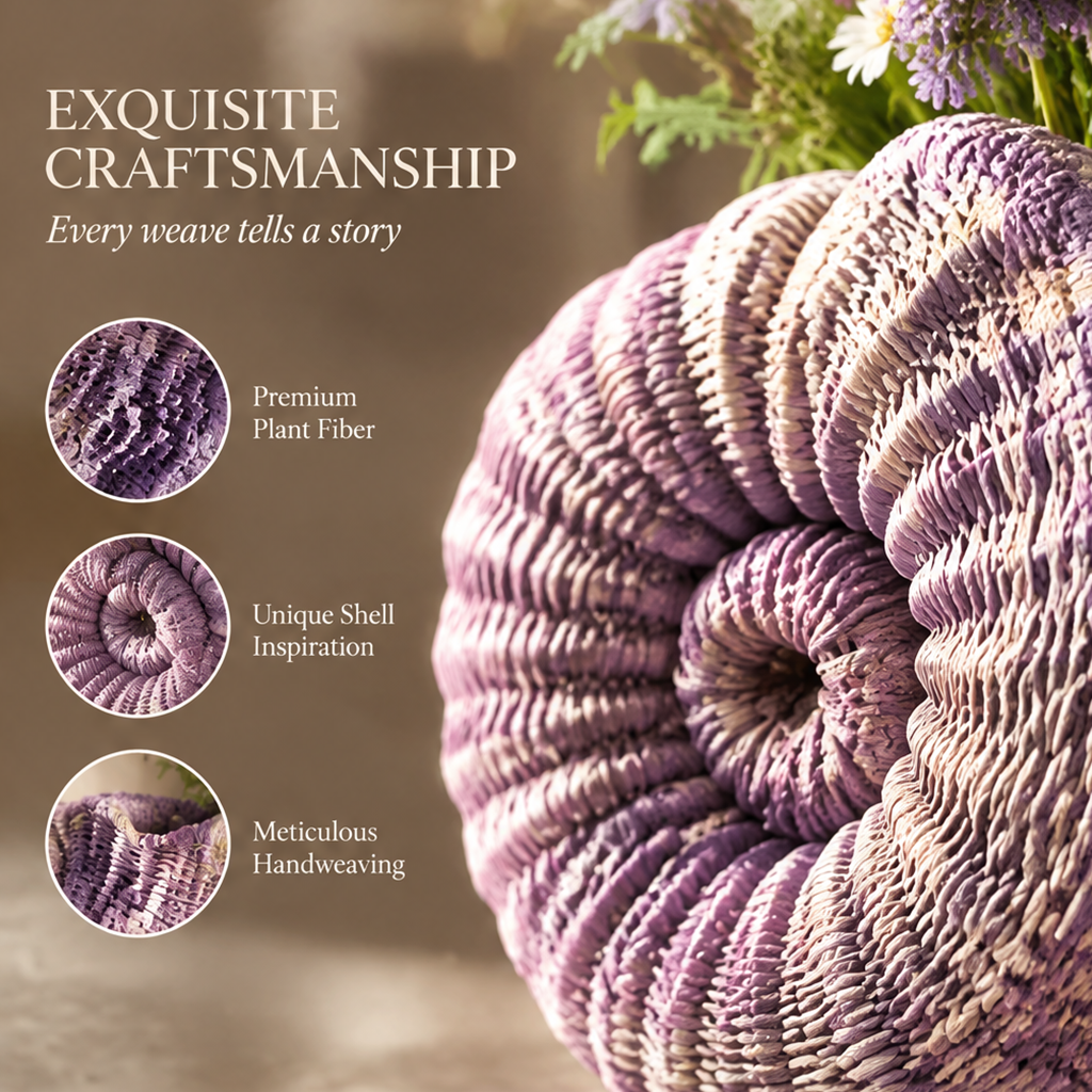 Close-up of the vase's woven spiral shell form and plant fiber craftsmanship