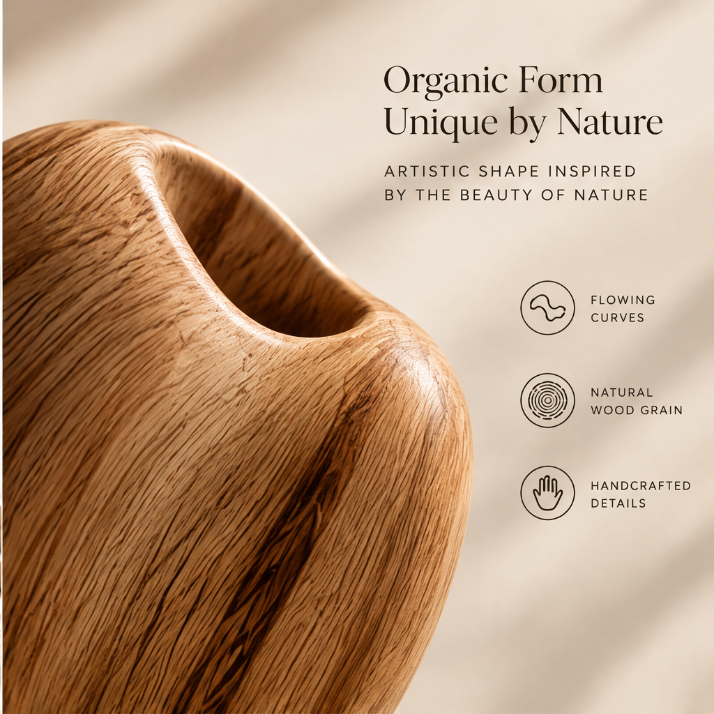 Close-up of the vase's curved opening, natural wood grain and dark brown streaks