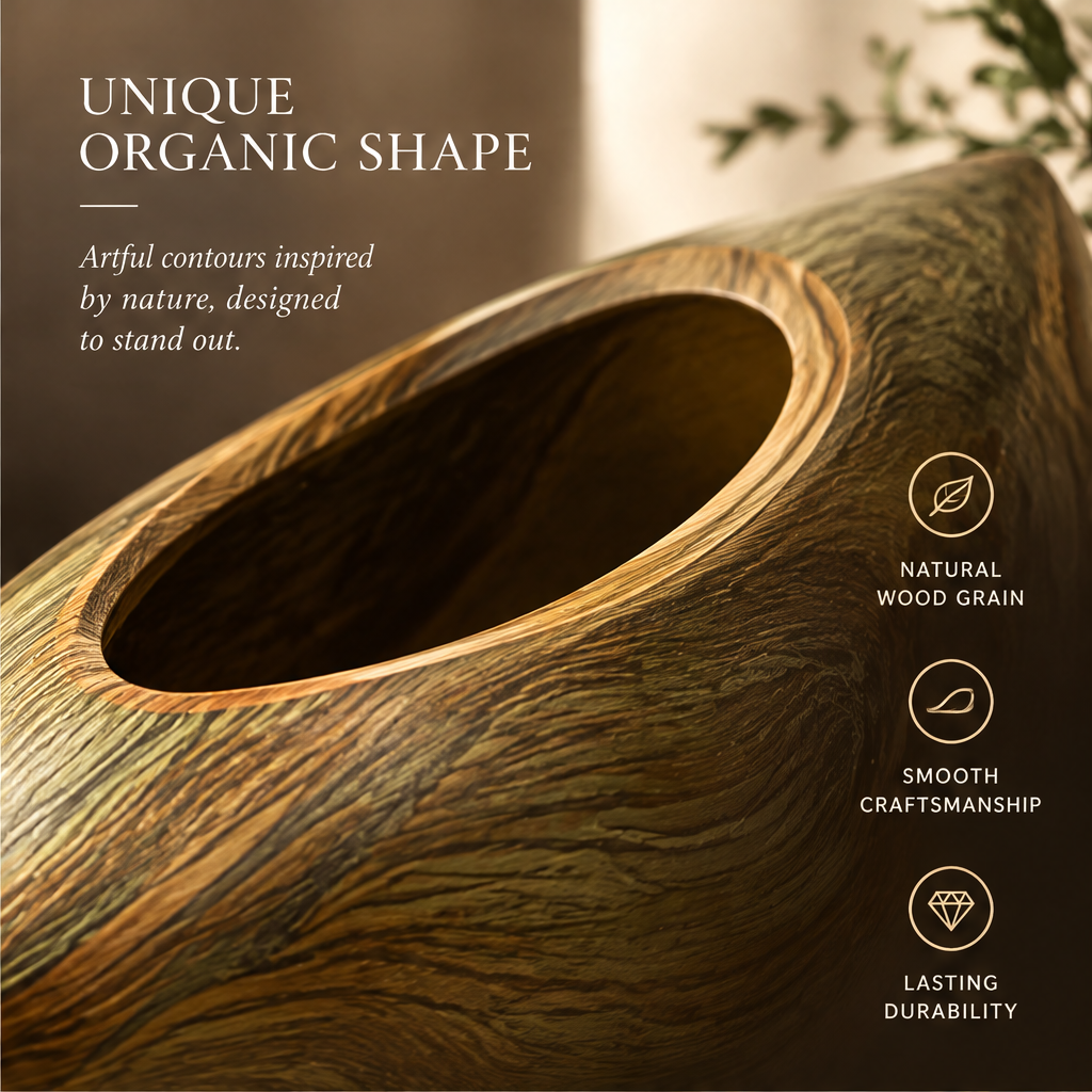 Close-up of the vase's wide oval rim and flowing natural wood grain