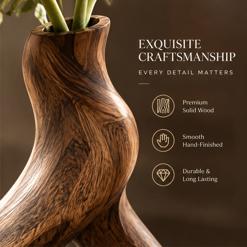Close-up of the wood vase's curved neck, opening and flowing brown wood grain
