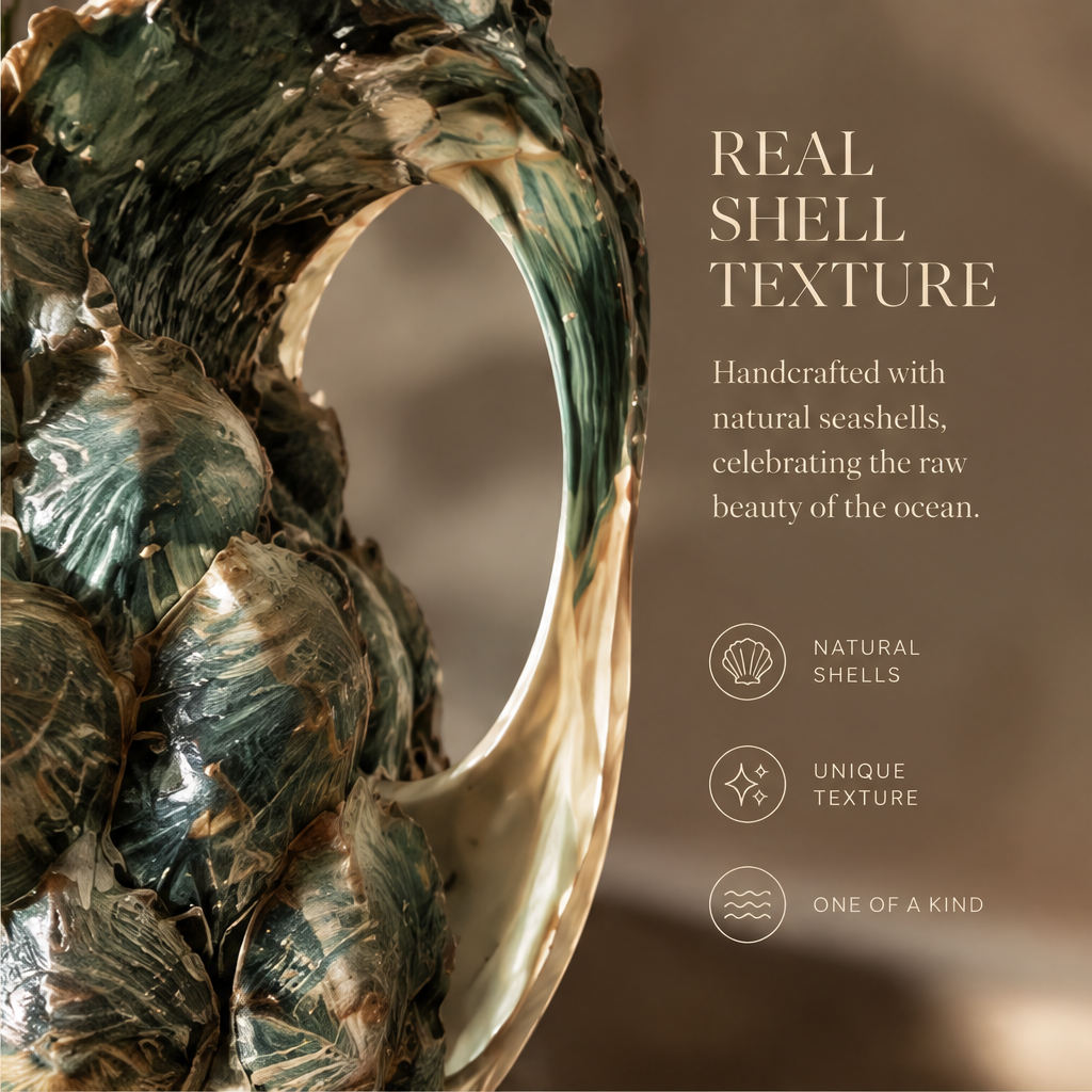 Close-up of the vase's shell texture in green, cream and brown tones