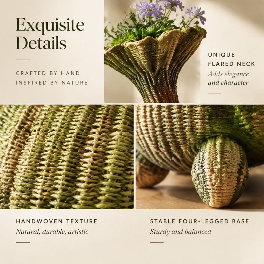 Detail collage showing the vase's flared neck, handwoven texture and four-legged base
