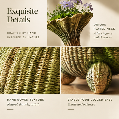 Detail collage showing the vase's flared neck, handwoven texture and four-legged base