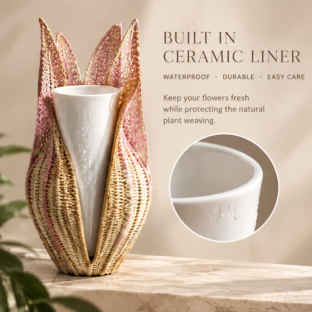 Cutaway illustration showing the white ceramic liner inside the pink and beige woven vase