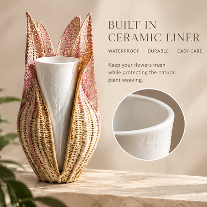 Cutaway illustration showing the white ceramic liner inside the pink and beige woven vase