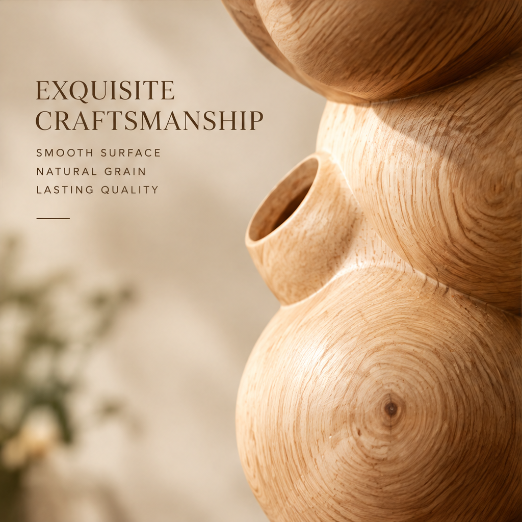 Close-up of the vase's smooth rounded wood surface, natural grain and side opening