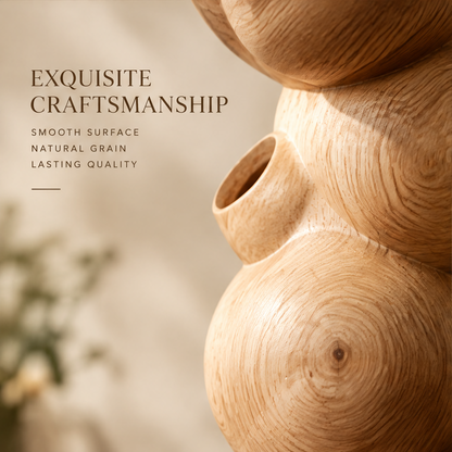 Close-up of the vase's smooth rounded wood surface, natural grain and side opening