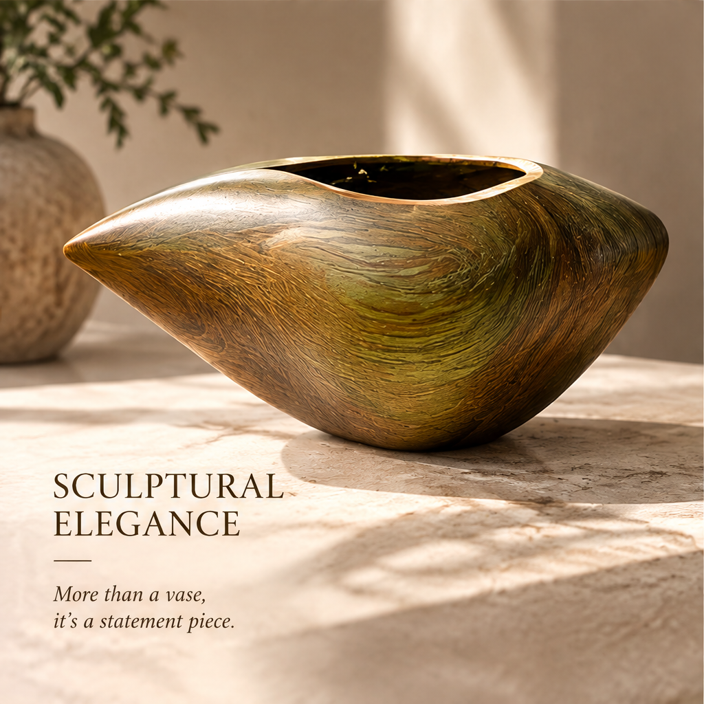 Wide wooden vase displayed without stems, showing its tapered ends and oval opening