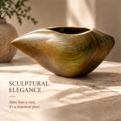 Wide wooden vase displayed without stems, showing its tapered ends and oval opening