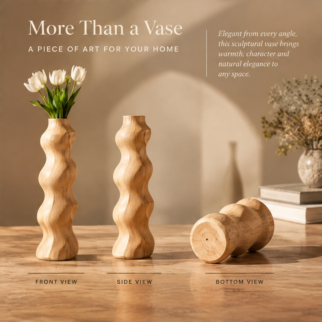 Front, side and bottom views of the sculptural wavy wooden vase