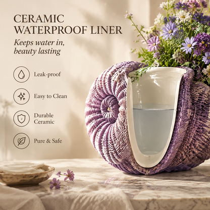 Front, side and back views of the lavender shell-shaped woven vase with flowers