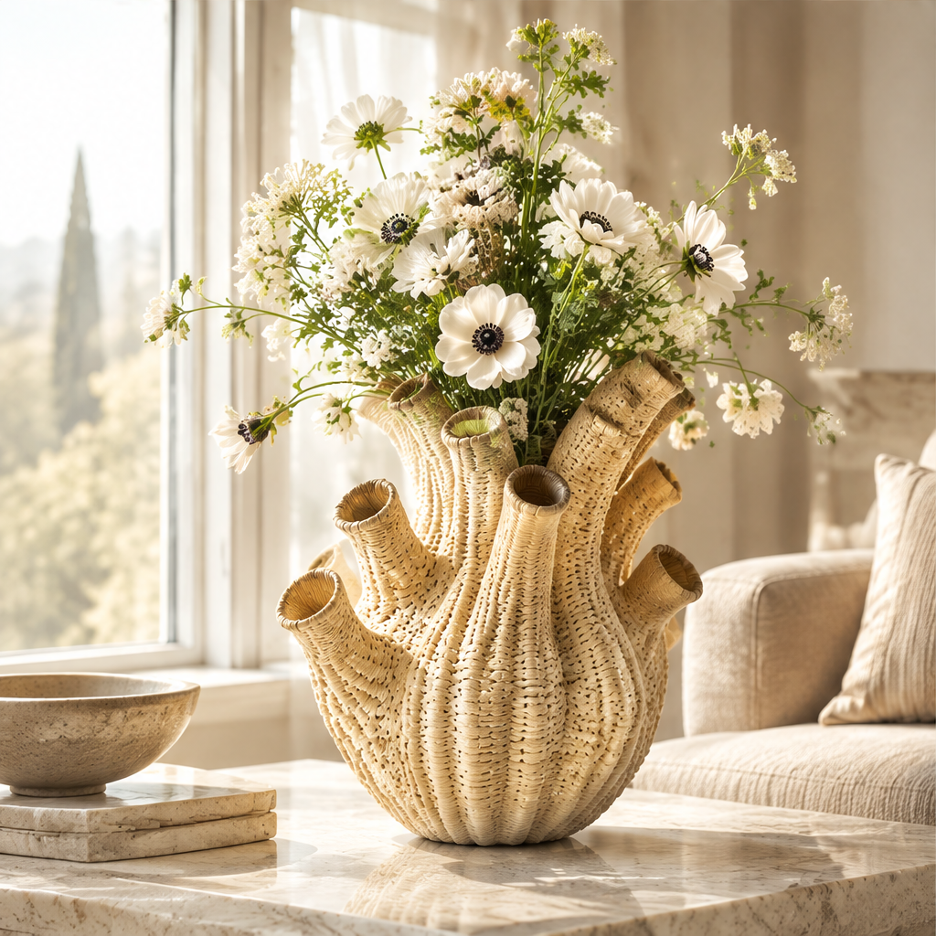Handwoven tubular vase styled with white flowers beside a sofa and window