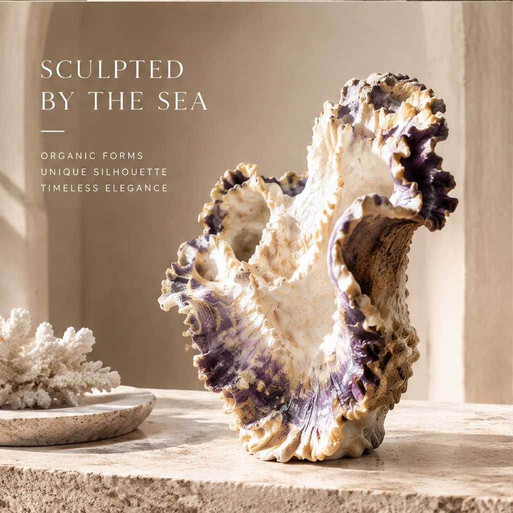 Ruffled shell vase displayed without flowers, showing its irregular organic silhouette