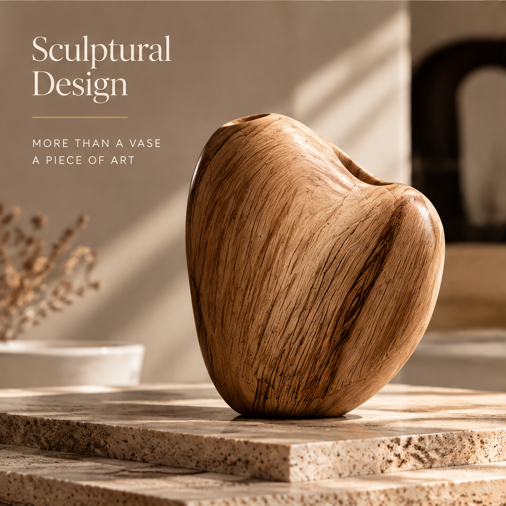 Wooden vase displayed without stems, showing its sculptural curves and asymmetric openings