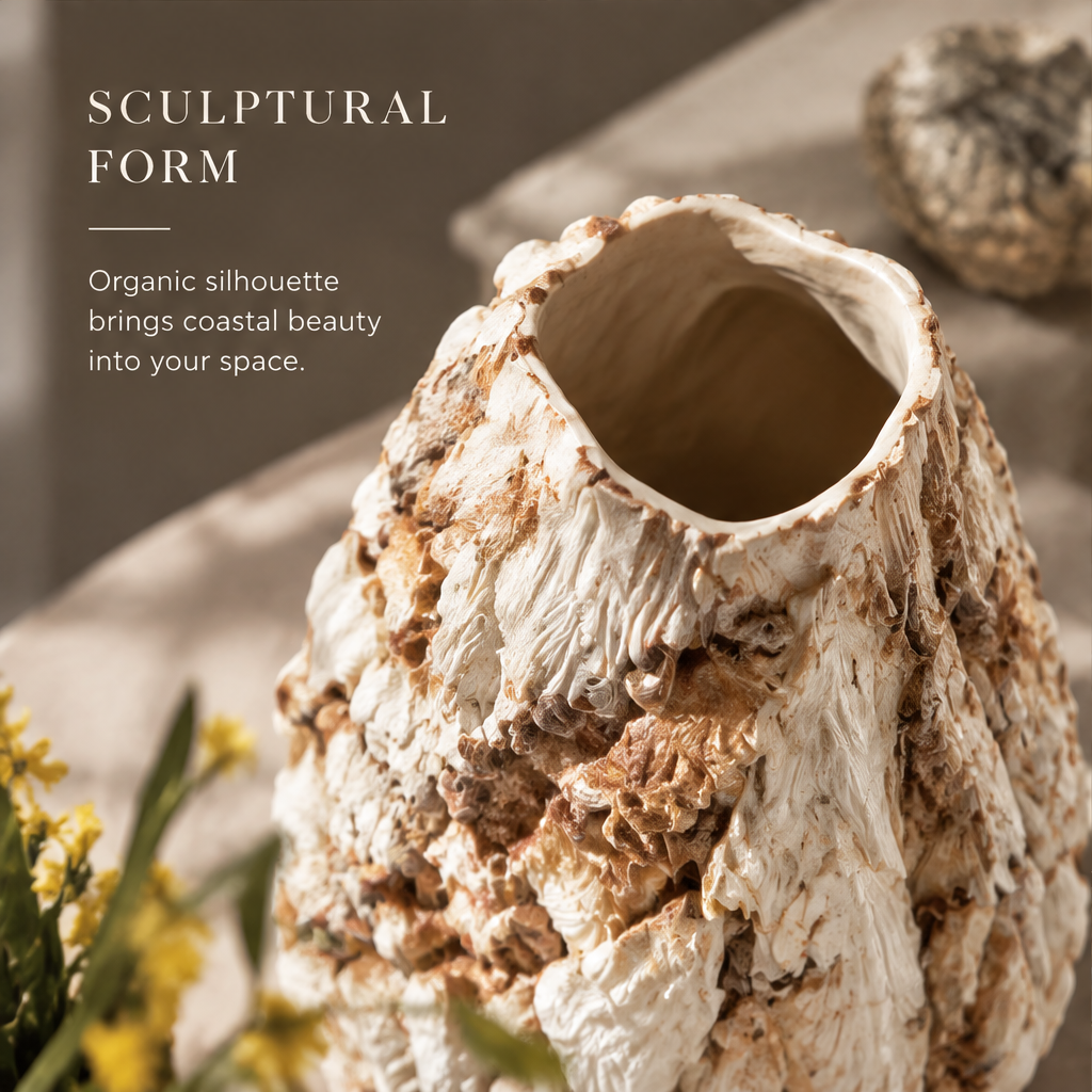 Angled view of the shell vase's irregular rim, opening and textured exterior