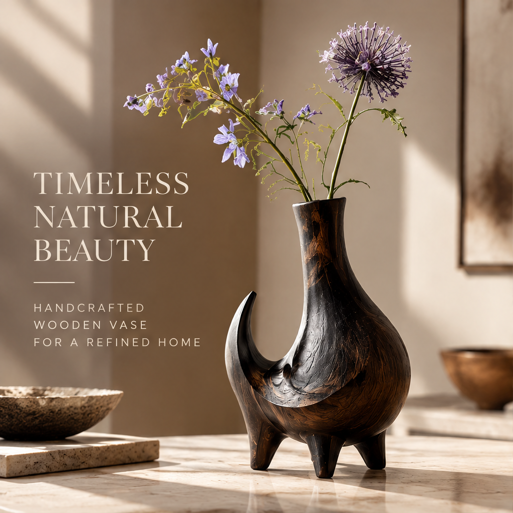 Handcrafted dark wooden vase with purple flowers and timeless natural beauty text