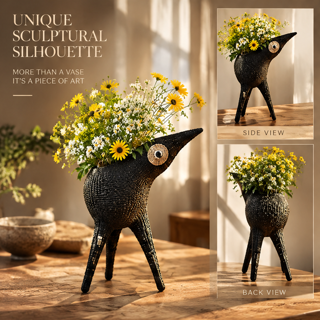 Front, side and back views of the black sculptural bird vase with flowers