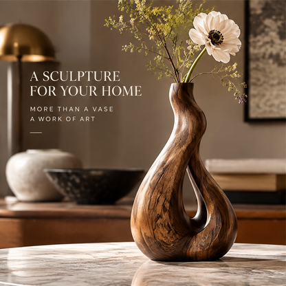 Brown openwork wood vase styled with a white flower on a table in a warm neutral interior