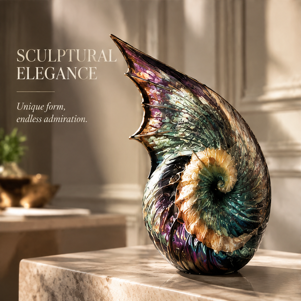 Spiral shell vase displayed without flowers, showing its pointed rim and curved sculptural silhouette