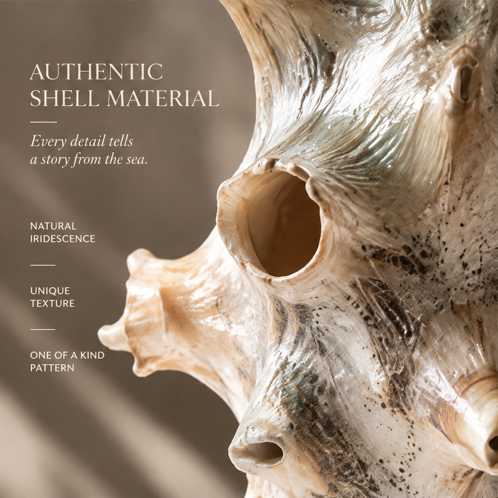 Close-up of the vase's iridescent shell surface, dark speckles and projecting openings