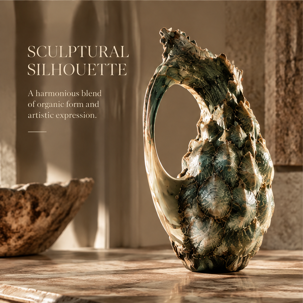 Side view of the shell vase showing its sculptural silhouette and large open handle