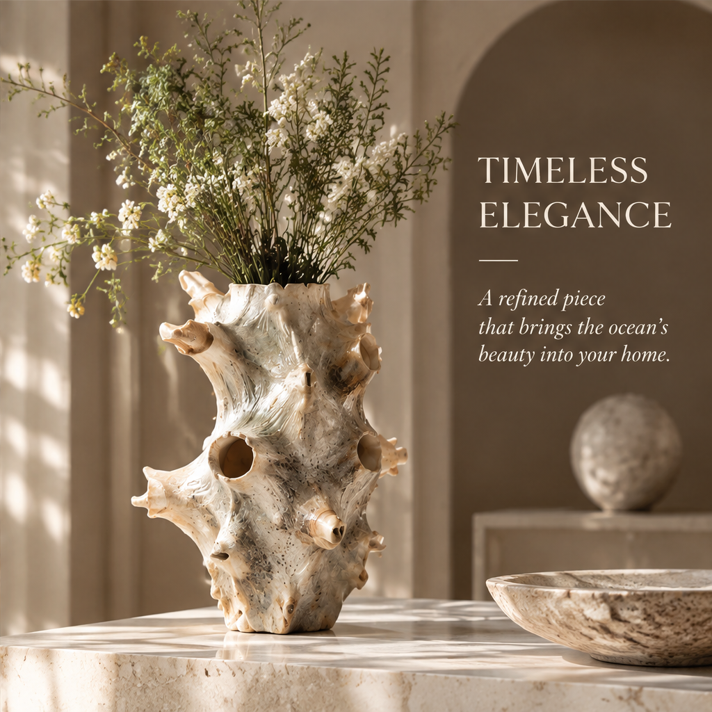 Sculptural shell vase styled with delicate white flowers beside a shallow decorative bowl
