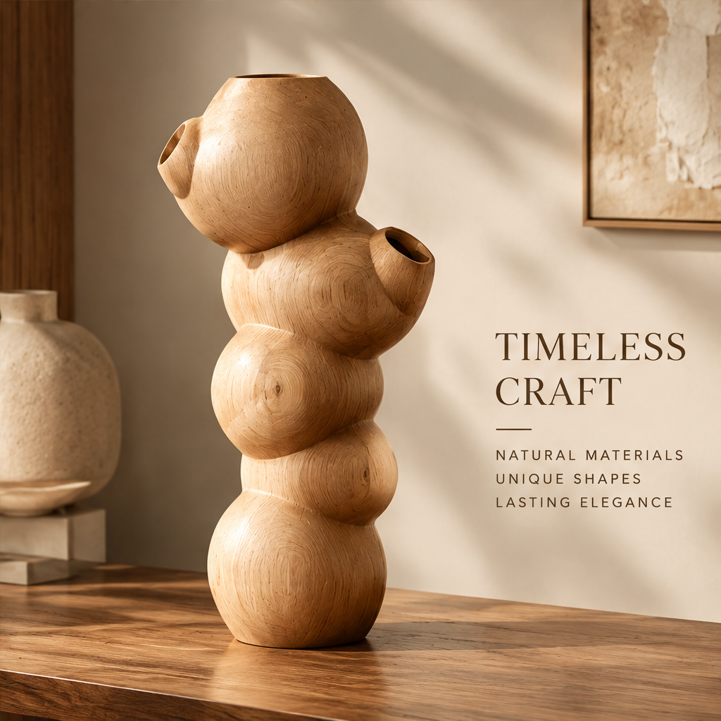 Bubble-shaped wood vase without flowers, showing its stacked silhouette and offset openings