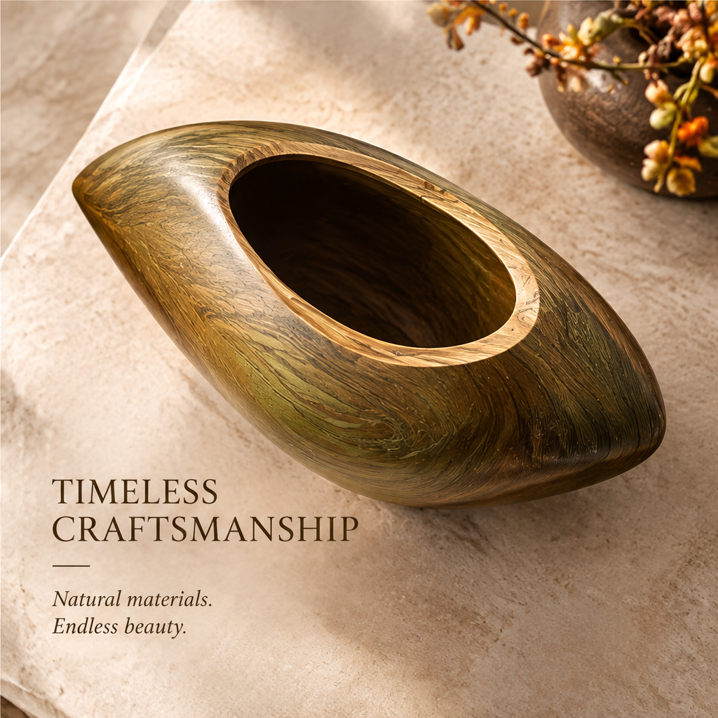 Overhead view of the organic wooden vase showing its oval opening and curved exterior