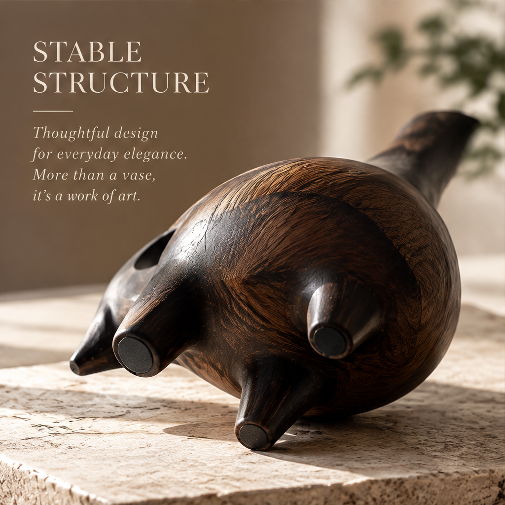 Bottom view of the sculptural wooden vase showing its short feet and rounded base