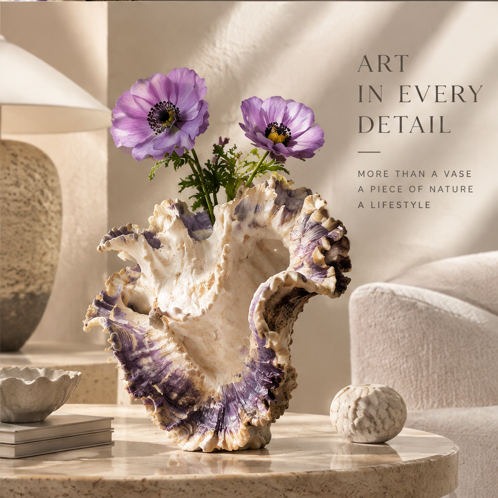 Lavender and ivory shell vase styled with purple flowers beside books, a lamp and decorative objects