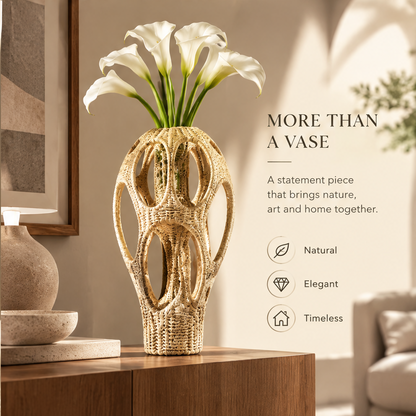Sculptural openwork vase with white calla lilies displayed on a wooden console