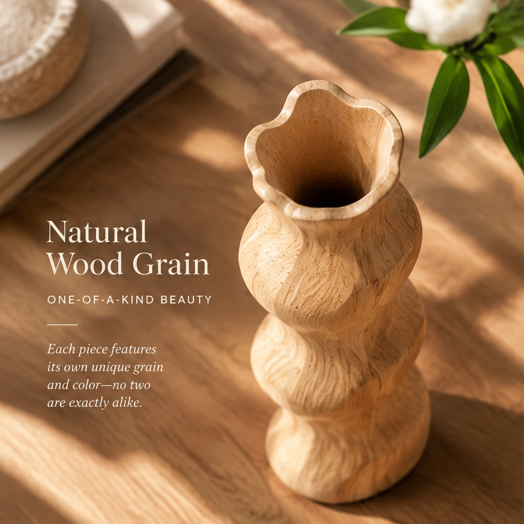 Overhead view of the wooden vase showing its scalloped opening and natural grain