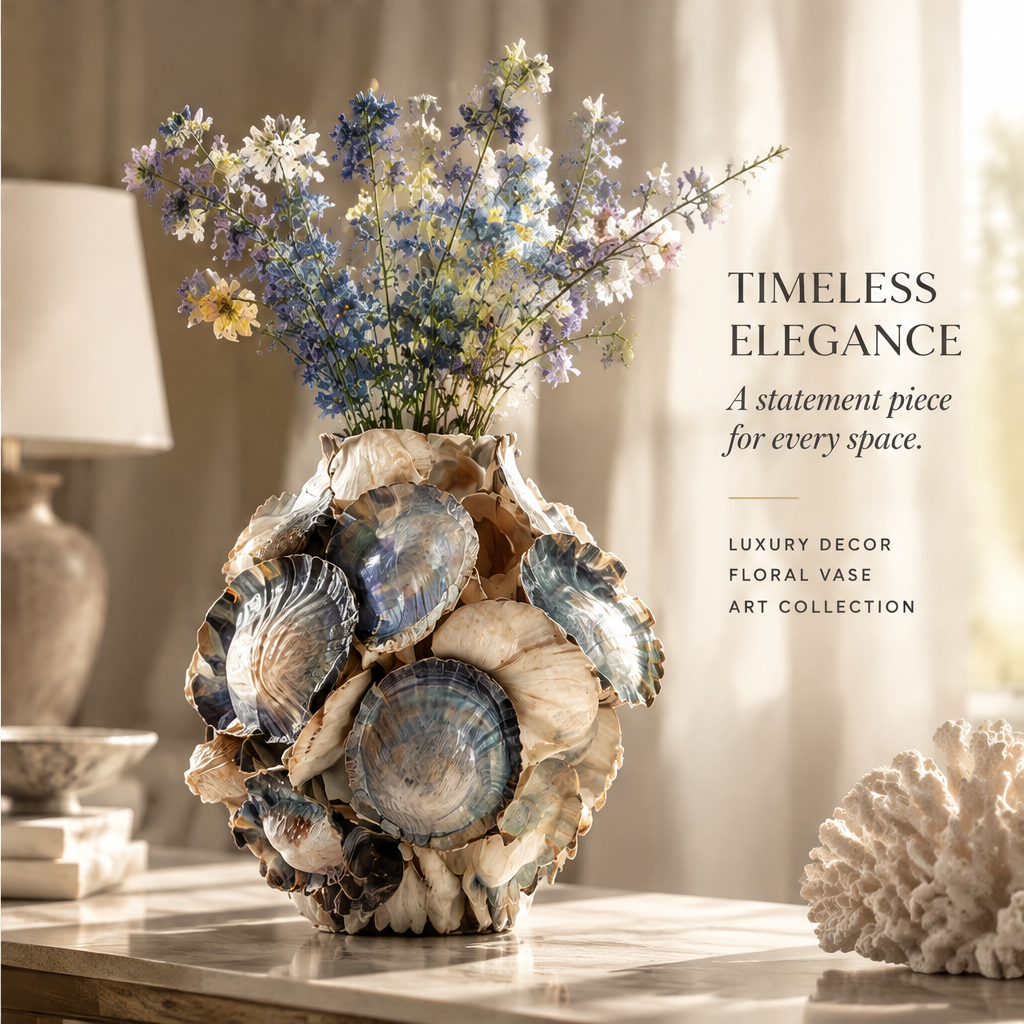 Rounded shell vase with blue and lilac flowers, styled beside a lamp and coral-shaped decoration