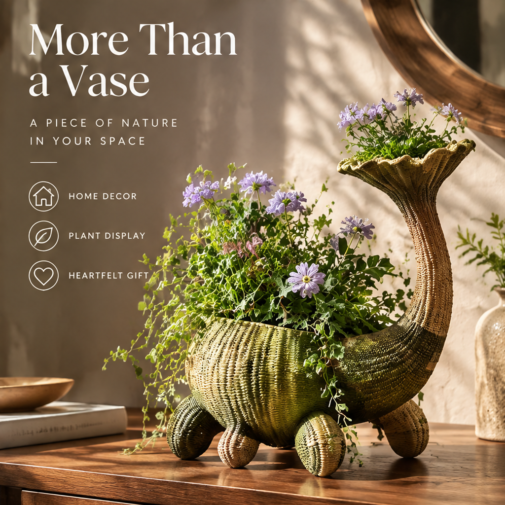 Nature-inspired sculptural vase displayed with flowers alongside home decor and gift styling text
