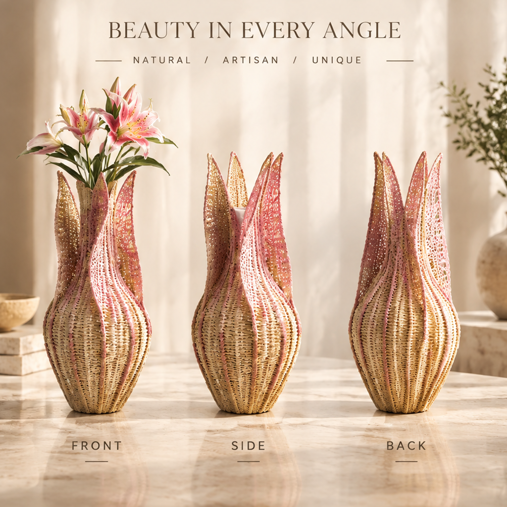 Front, side and back views of the woven bottle vase with pointed flowing panels