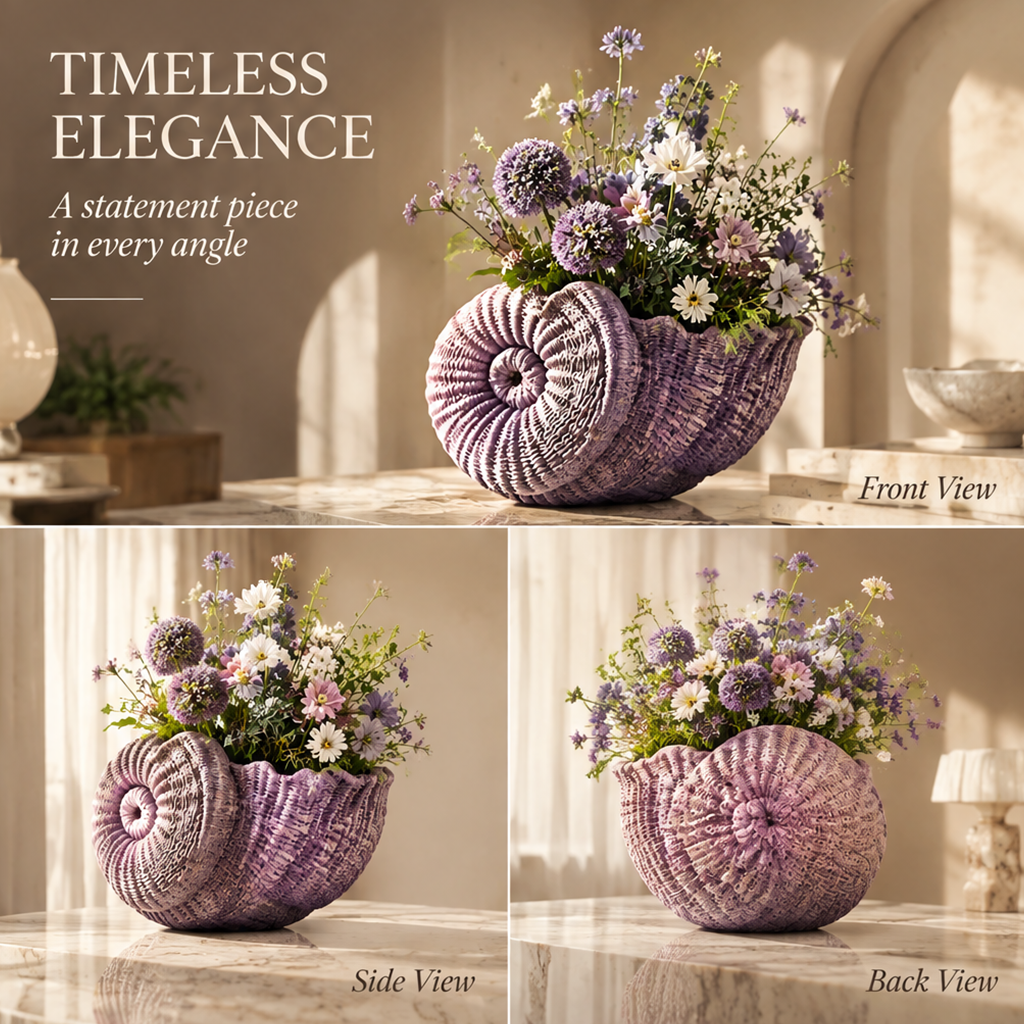 Cutaway illustration showing the white ceramic water-holding liner inside the lavender woven shell vase