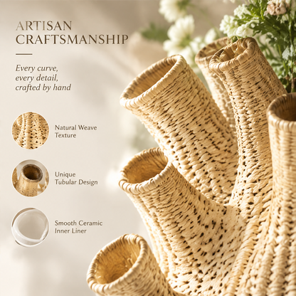 Close-up of handwoven vase texture and tubular openings with artisan craftsmanship details