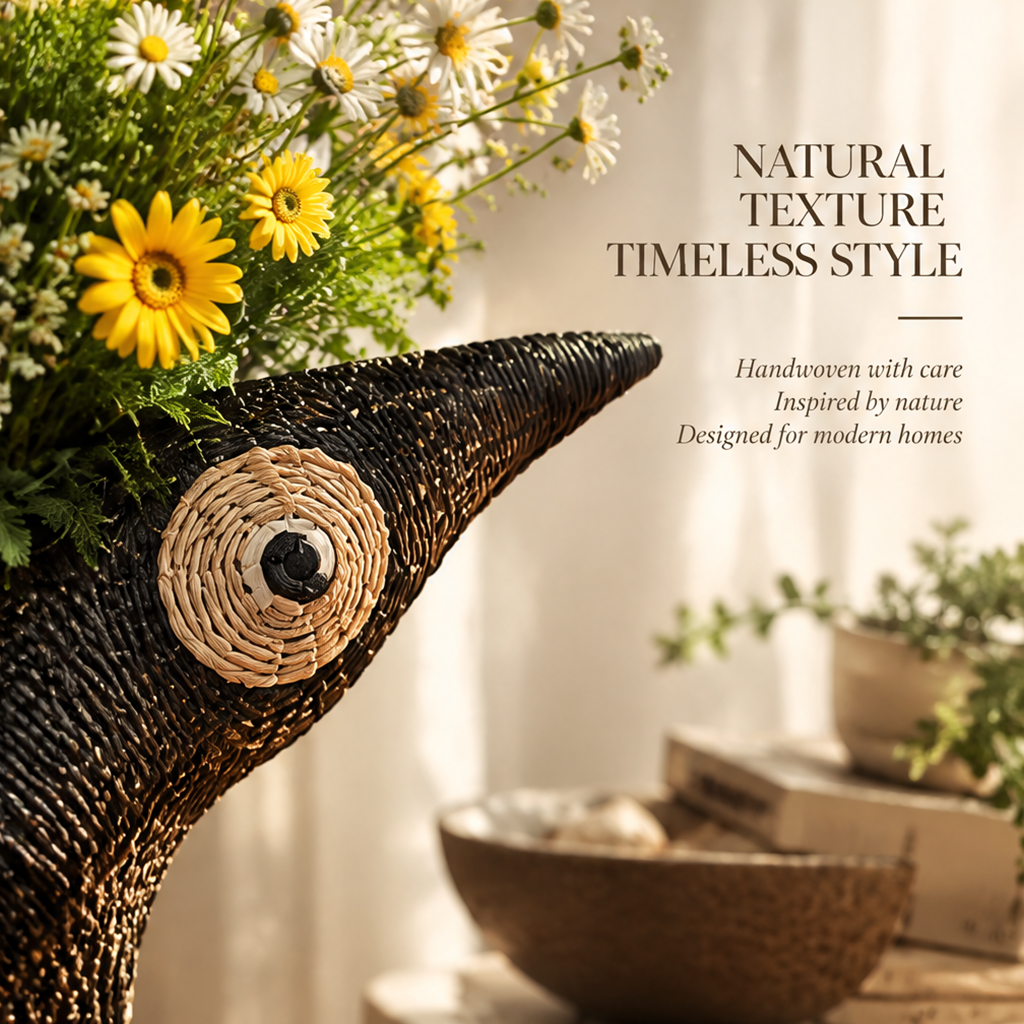 Close-up of the black woven bird vase's pointed beak and beige circular eye detail