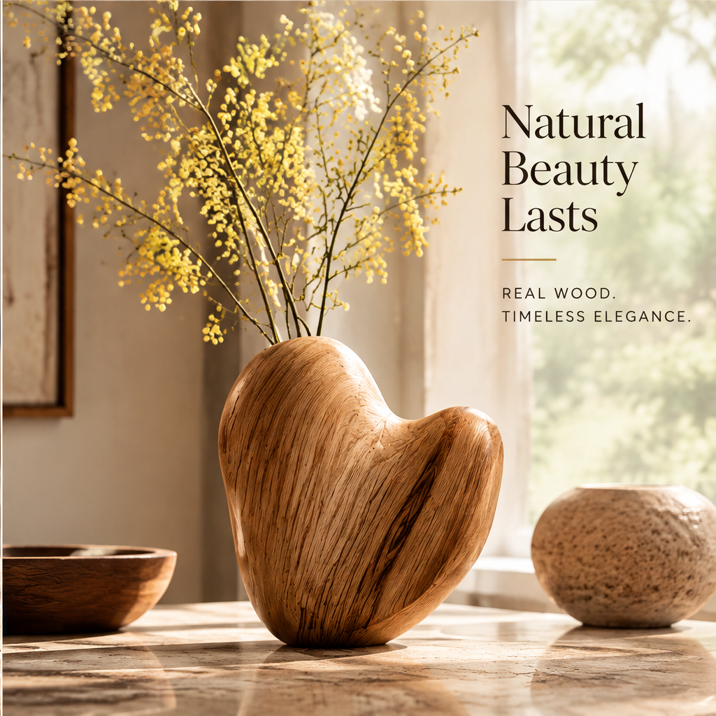 Warm brown wooden vase styled with yellow branches beside a bowl and rounded decorative object